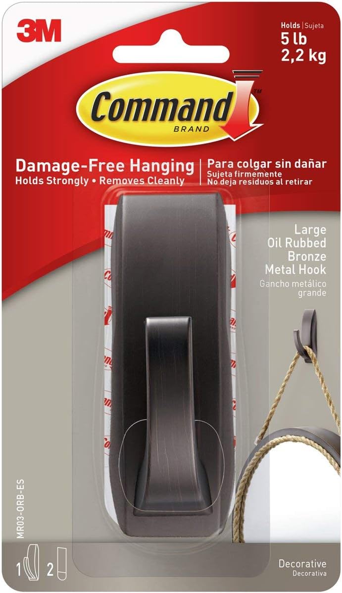 Command Large Modern Reflections Metal Hook. Holds up to 5 lb. Oil Rubbed Bronze. 1 Wall Hook with 2 Strips. Damage-Free Hanging Hooks for Hanging Decorations in Living Spaces