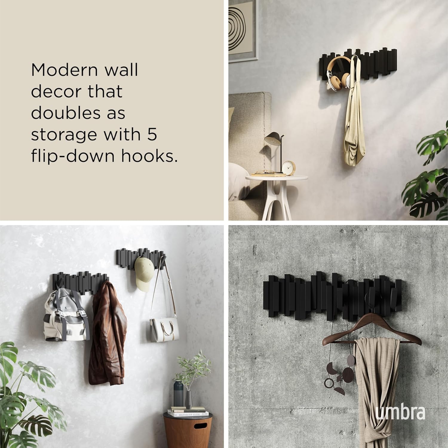 Umbra Sticks Wall-Mounted Coat Rack Rail Hook with 5 Retractable Pegs – Modern. Space-Saving Storage Organizer. Black - Image 4
