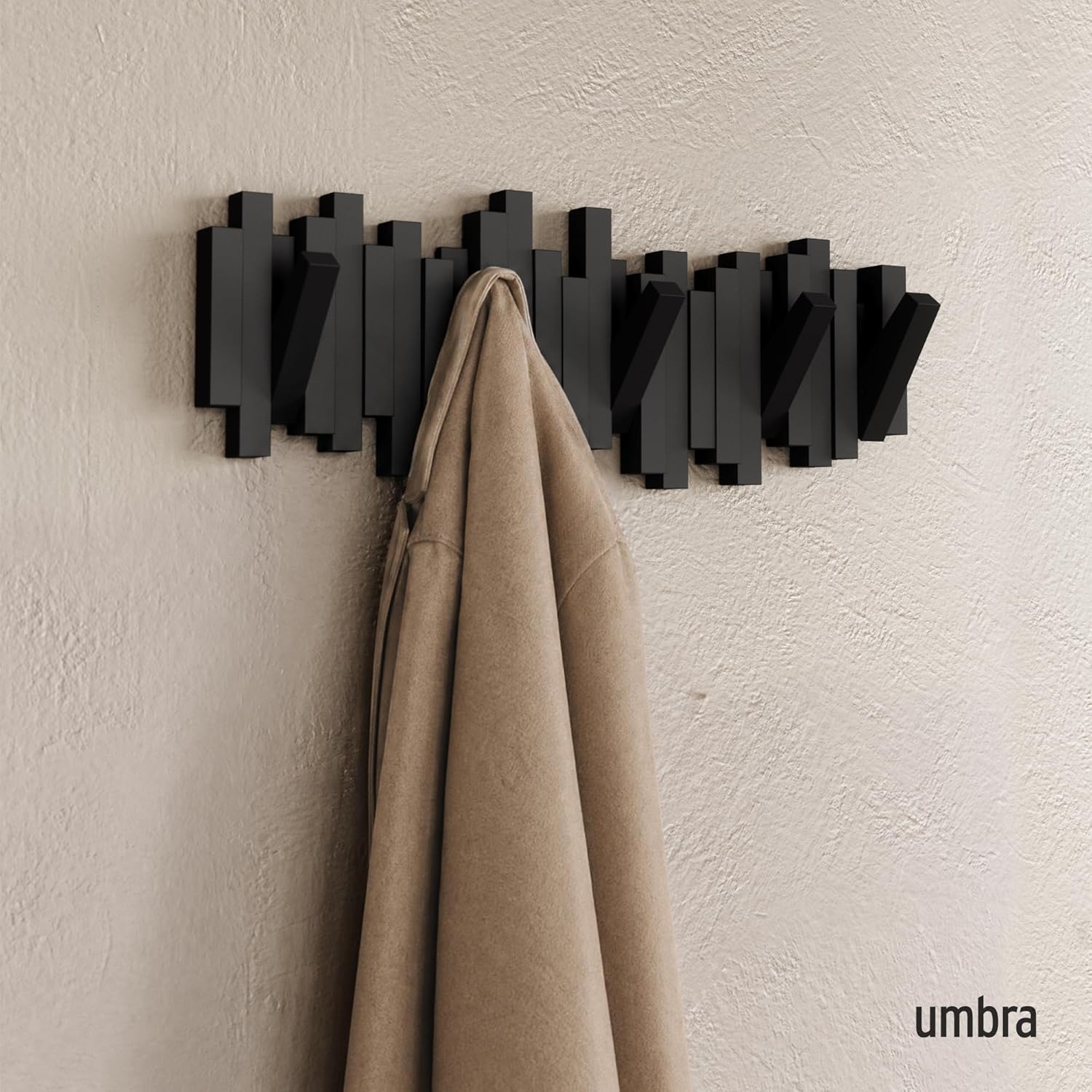 Umbra Sticks Wall-Mounted Coat Rack Rail Hook with 5 Retractable Pegs – Modern. Space-Saving Storage Organizer. Black - Image 2